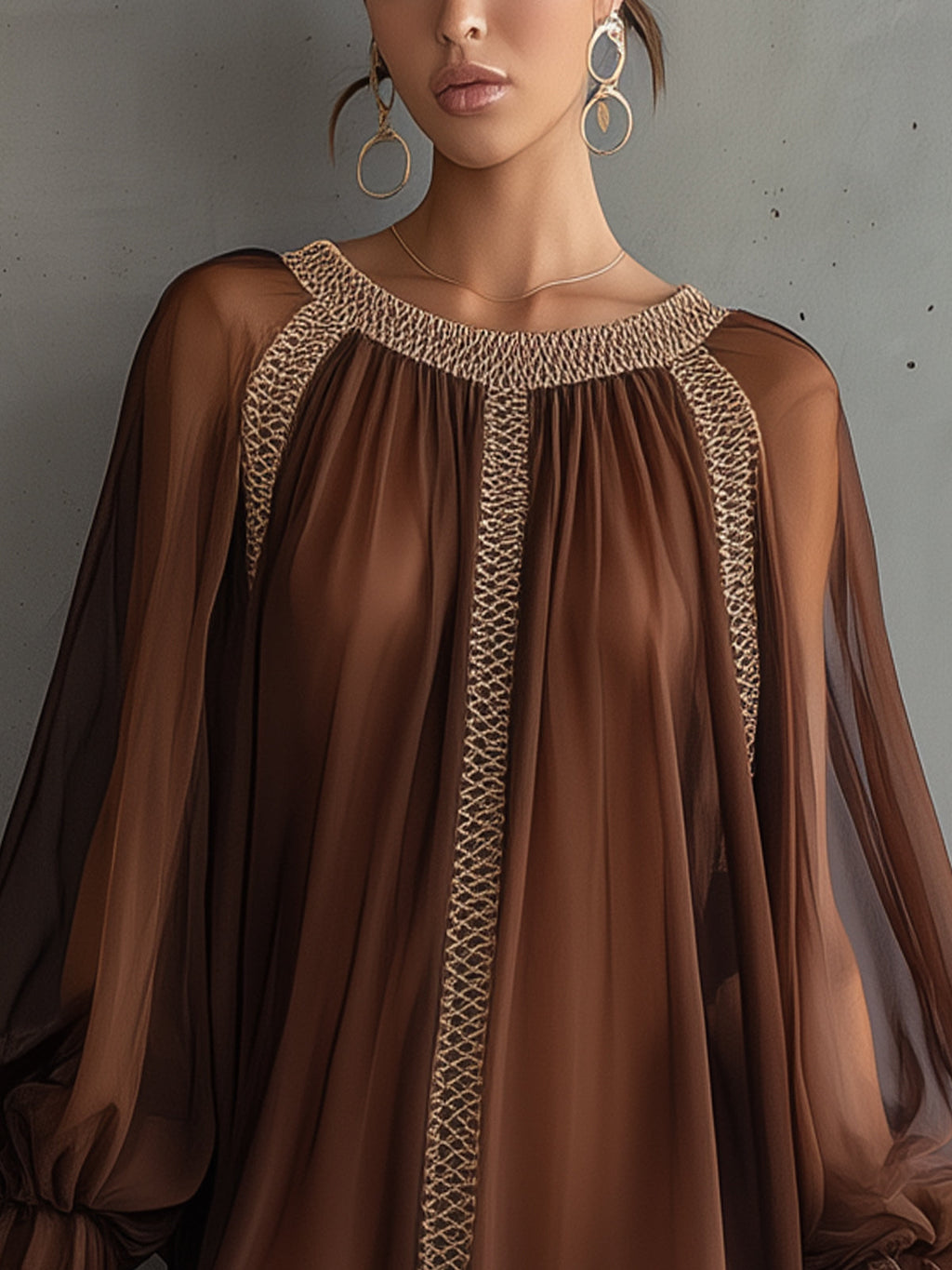 Brown Long-Sleeve Mini Dress With Woven Trim