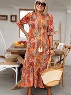 Vacation DRESS Paisley Bohemian Long Length Vintage Print Tassel Tie Neck Tunic Dress - Elegant Vacation Style with Drawstring, Ruffle Hem, and Random Printing