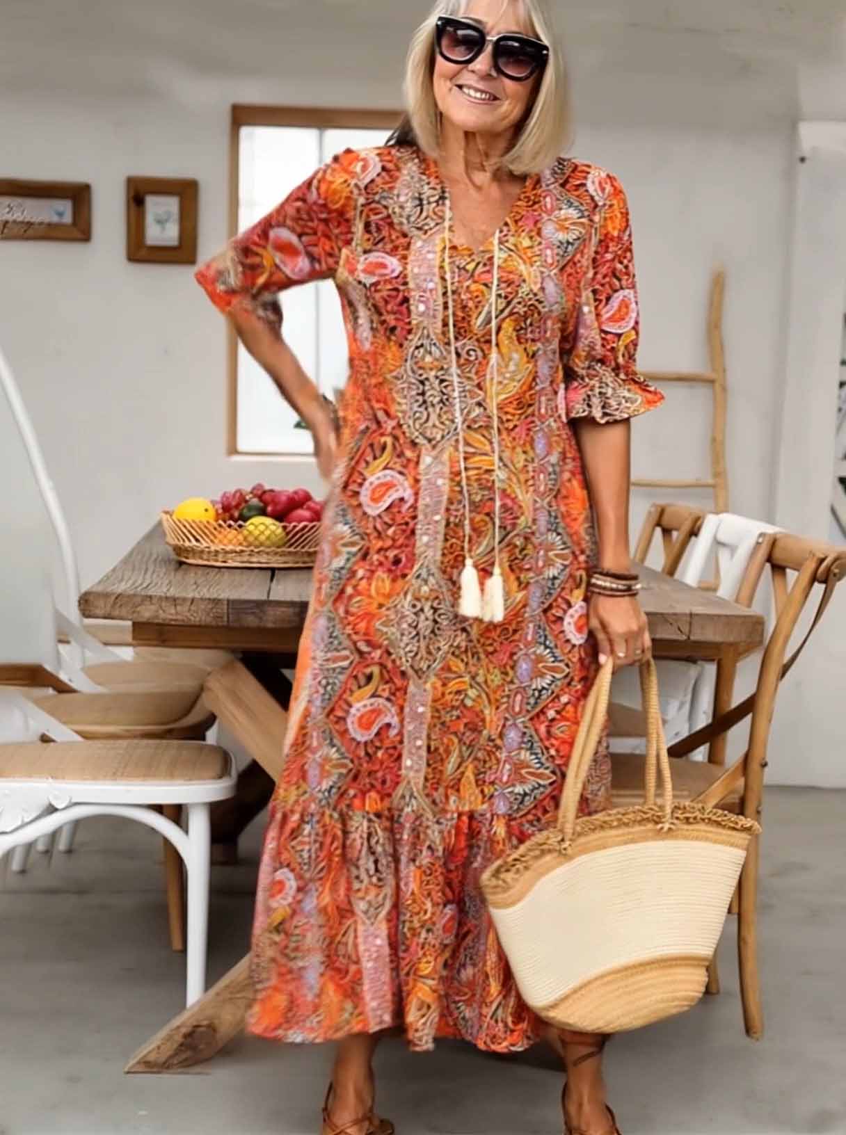 Vacation DRESS Paisley Bohemian Long Length Vintage Print Tassel Tie Neck Tunic Dress - Elegant Vacation Style with Drawstring, Ruffle Hem, and Random Printing