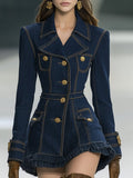 [24-hour shipping out]Classic and Playful Large Lapel Ruffled Hem Waist Denim Mini Dress