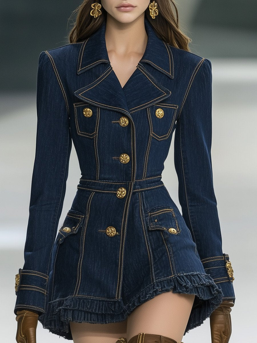 [24-hour shipping out]Classic and Playful Large Lapel Ruffled Hem Waist Denim Mini Dress