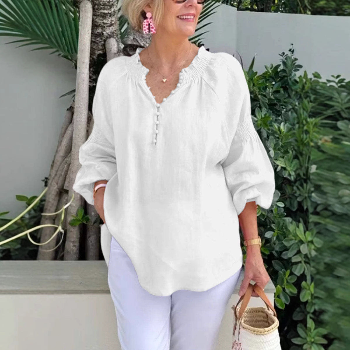 Casual V-neck Solid Color Cotton and Linen Long-sleeved Top