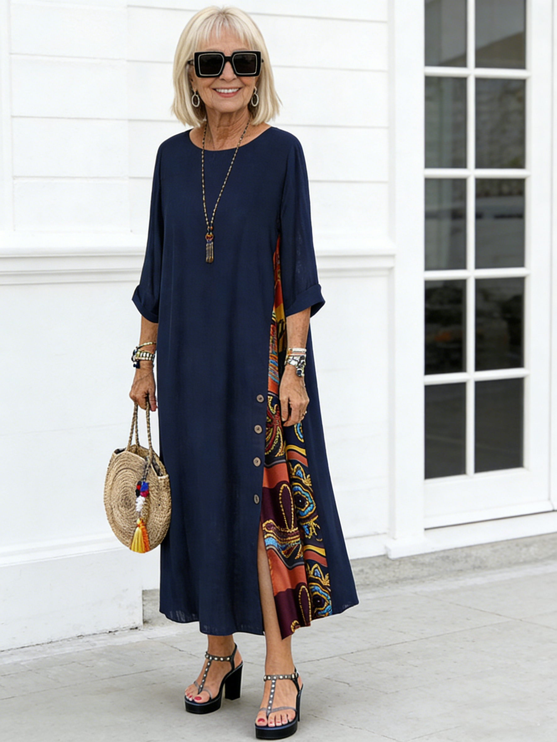 Floral round Neck Contrast Color Button Stitching 3/4 Sleeve Dress