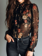 Vintage Black Sheer Chiffon Floral Tie Neck Blouse
