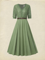 Midi Linen Dress , Half Sleeve, V Neck, Plain, Lace, Vintage, Army Green