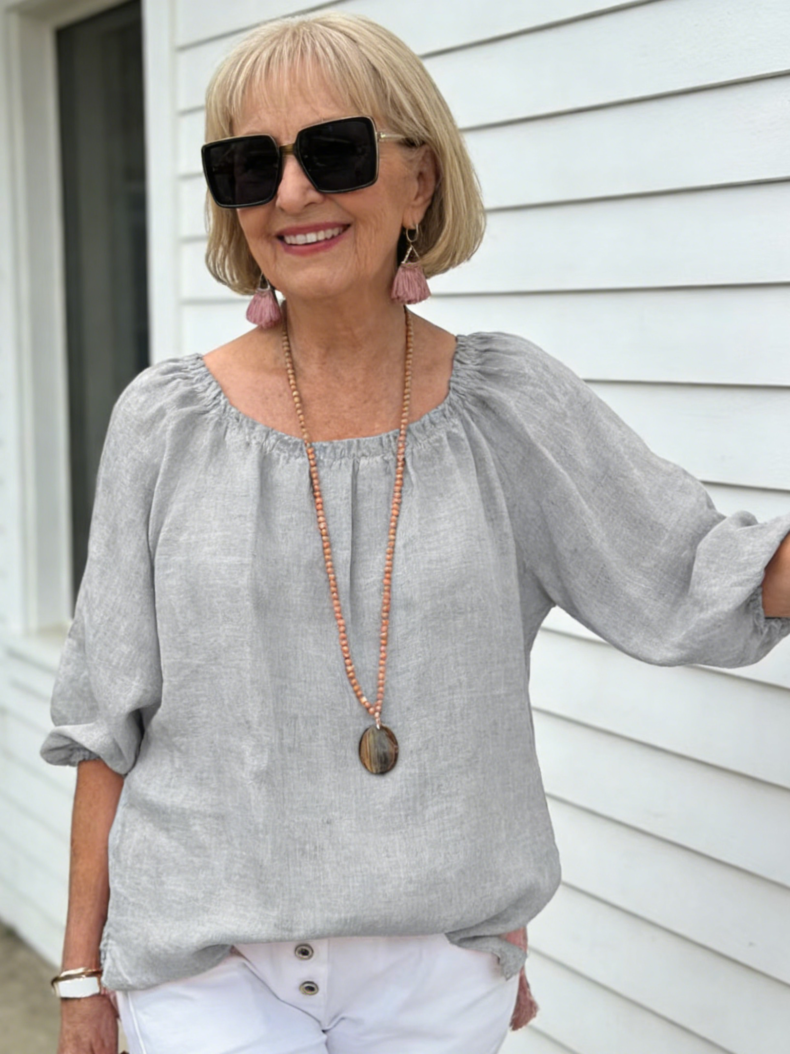Solid Color Round Neck Medium Sleeve Pullover Cotton and Linen Casual Top