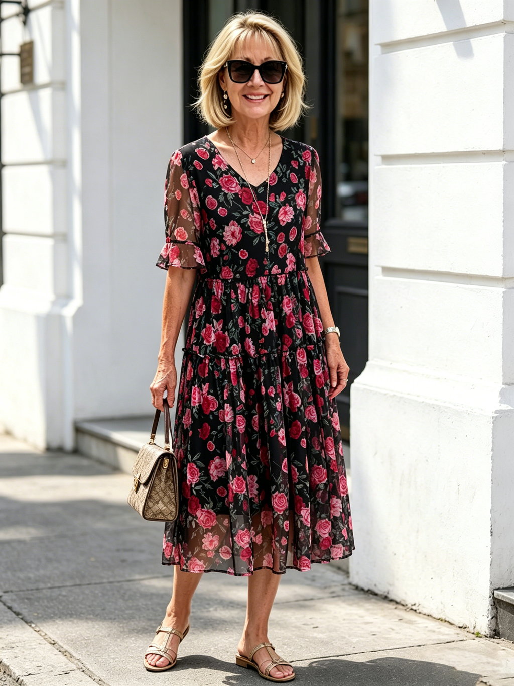 Black Rose Floral Mesh Tiered Midi Dress, V-Neck Ruffle Short Sleeve Loose Tummy Concealing Temperament Dress for Mature Women