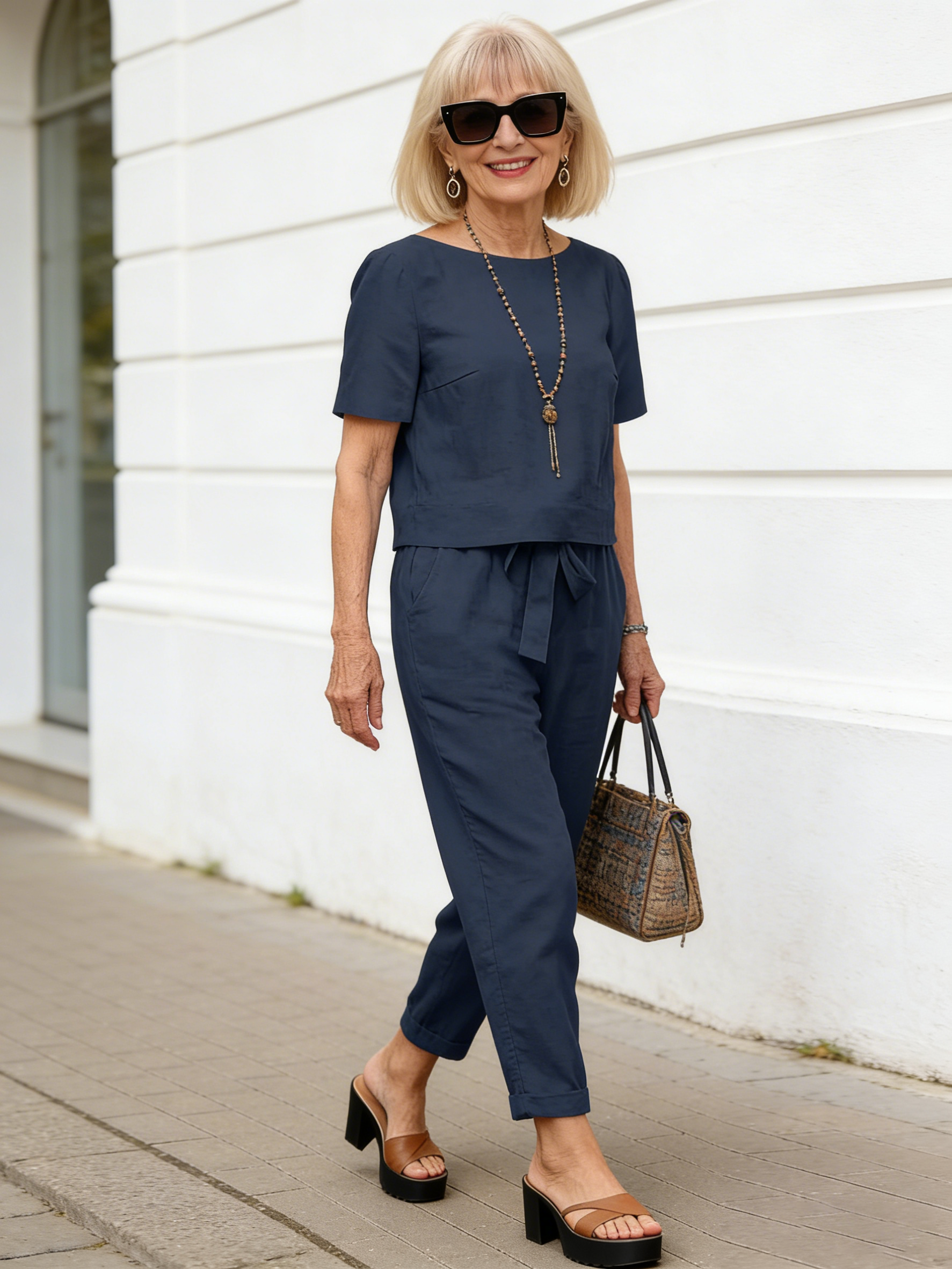 2Pcs Summer Fashion Solid Color Short-Sleeved Trousers Two-Piece Suit (Including Belt)