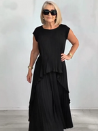2Pcs Crew Neck Solid Color Sleeve Top Pleated Straight Pants Set Two-piece Set