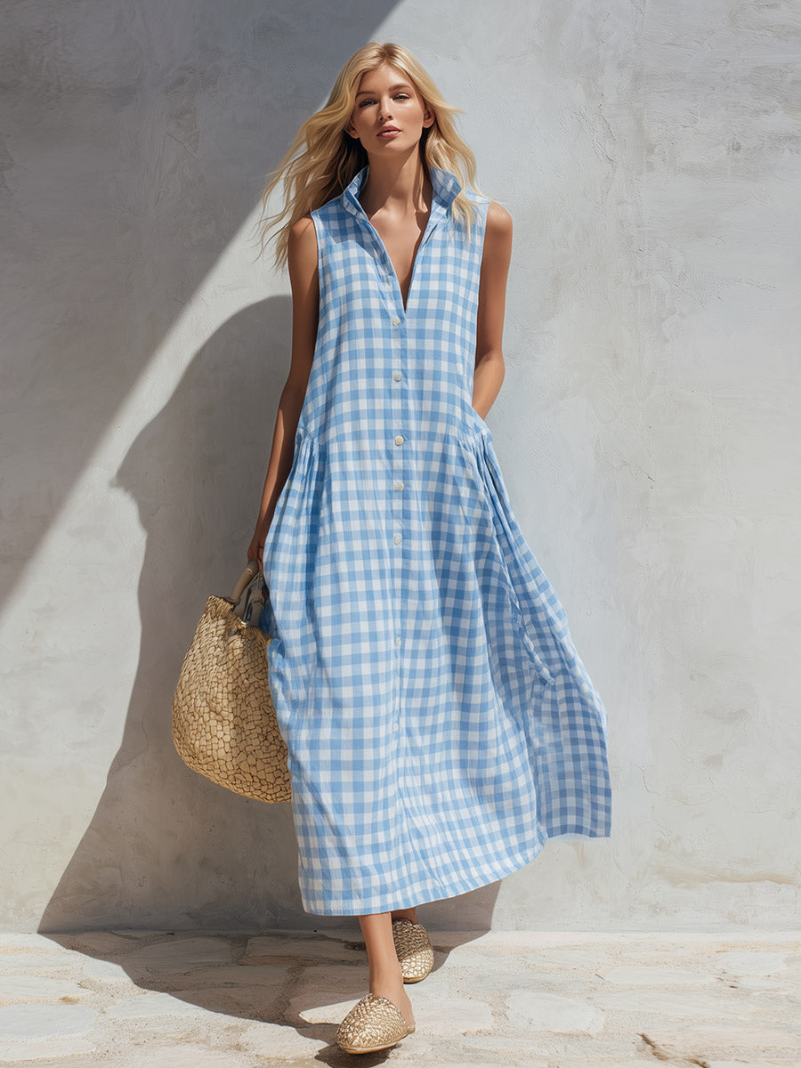 Chic Urban Blue Yarn-Dyed Plaid Lapel Sleeveless Maxi Dress