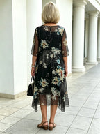 Black Floral Chiffon Midi Dress, Loose Tummy Hiding 3/4 Sleeve Printed Dress for Mature Women