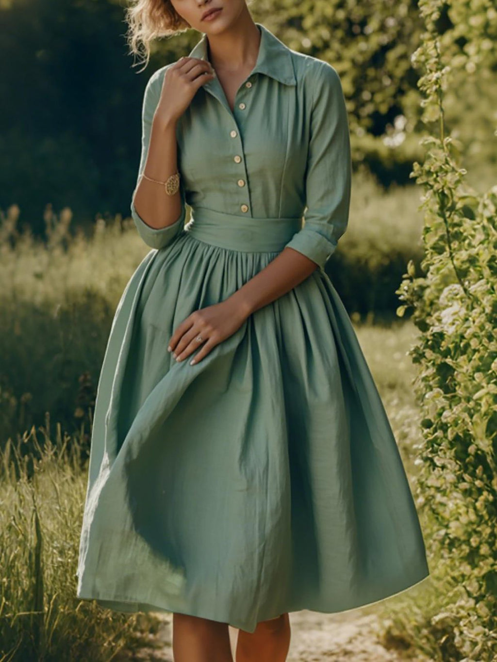 Midi Linen Dress, Half Sleeve,  Linen Blend, Plain, Renaissance, Green