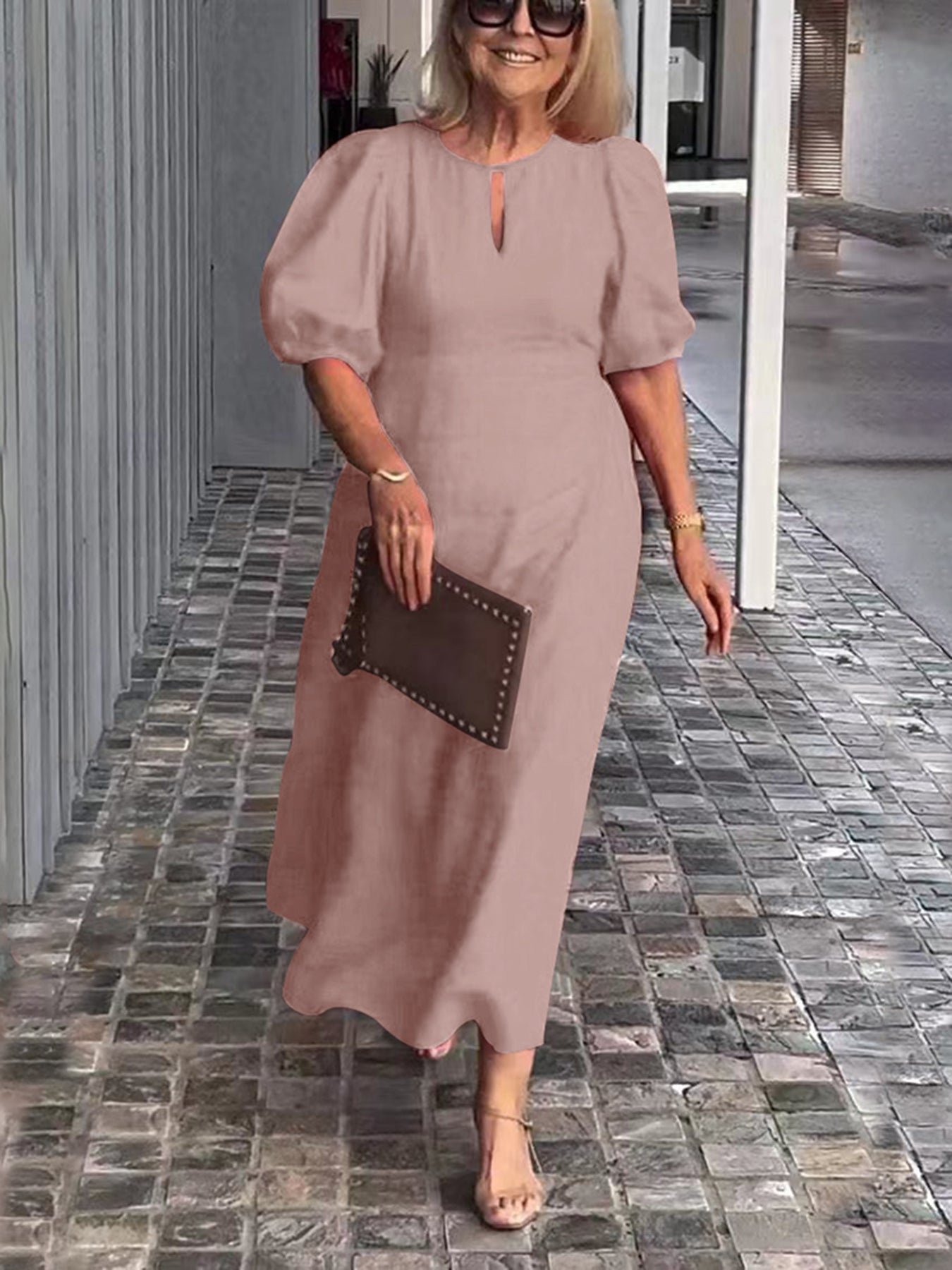 Evening Dress Formal Dress Solid Color Loose-Fitting Casual Round-Neck Small Lantern Sleeves