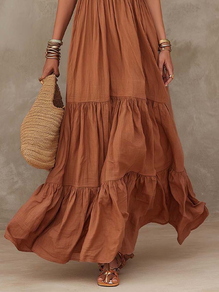 Bohemian Cotton-Linen Halter Tiered Maxi Dress