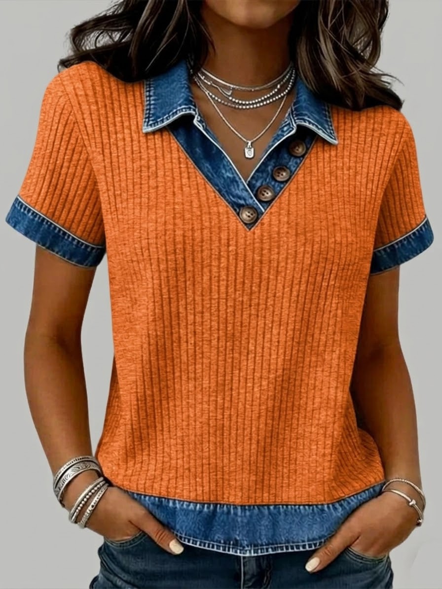Casual Patchwork Denim Short-sleeved Knit Top