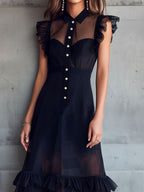 Elegant Sheer Black Chiffon Ruffle-Trim Midi Dress