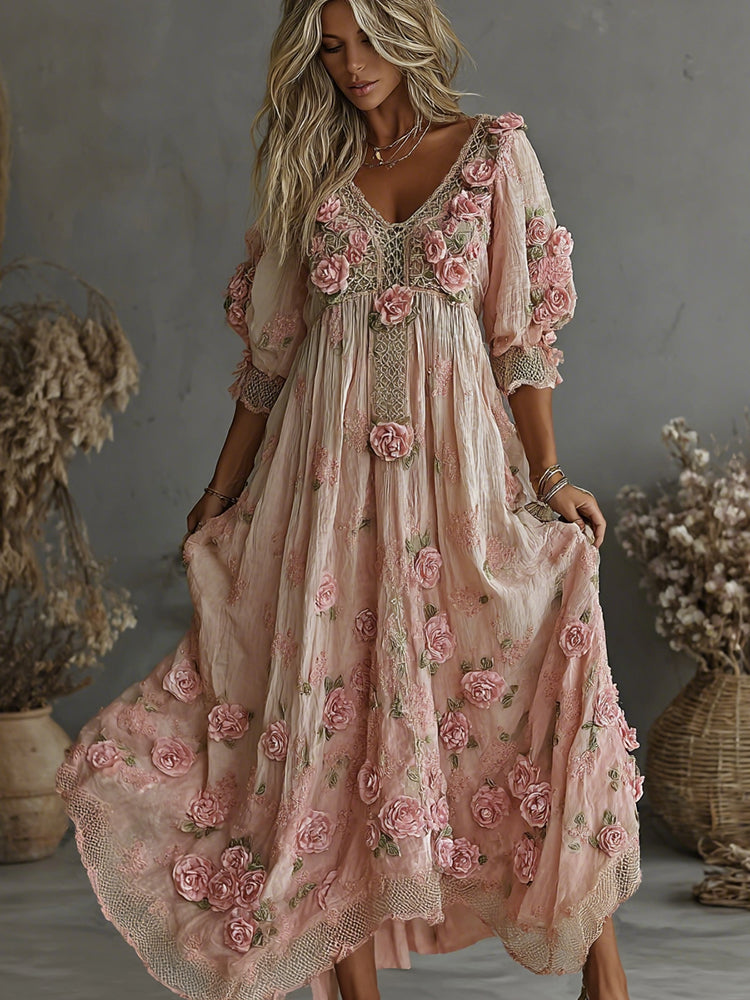 Women's Vintage Floral Art Print Flowy Linen Blend Casual Short Sleeve V Neck Maxi Dress