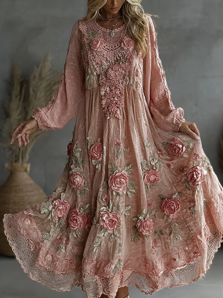 Women's Floral Roses Art Print Flowy Linen Blend Casual Long Sleeve Maxi Dress