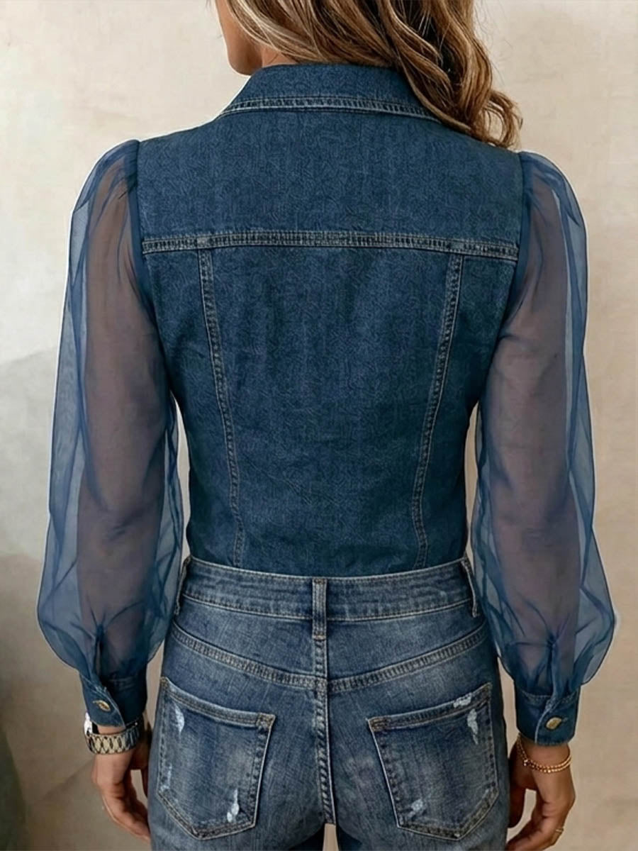 Women's Casual Loose-Fit Long-Sleeve Shirt with Denim Collar and Chiffon Splicing