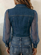 Women's Casual Loose-Fit Long-Sleeve Shirt with Denim Collar and Chiffon Splicing
