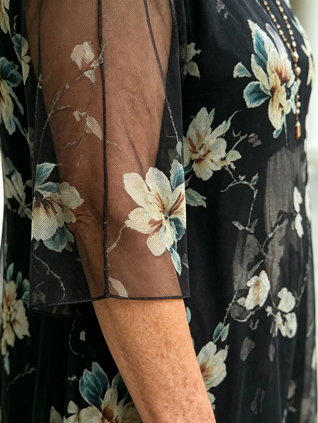 Black Floral Chiffon Midi Dress, Loose Tummy Hiding 3/4 Sleeve Printed Dress for Mature Women