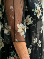 Black Floral Chiffon Midi Dress, Loose Tummy Hiding 3/4 Sleeve Printed Dress for Mature Women