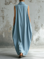 Light Wash Denim Sleeveless High-Collar Maxi Dress