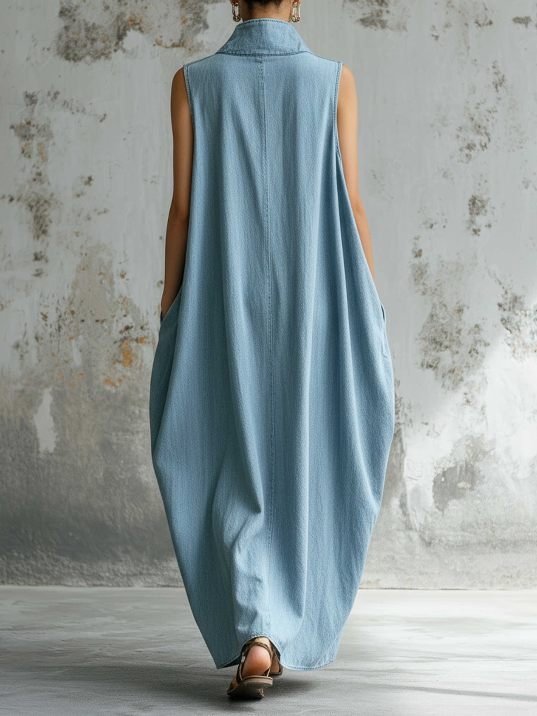 Light Wash Denim Sleeveless High-Collar Maxi Dress