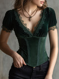 Romantic Velvet Lace Corset Puff Sleeve Blouse