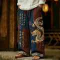 Men's Vintage Japanese Calligraphy Dragon Art Pattern Linen Blend Pants