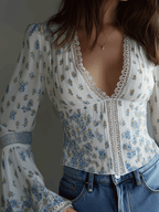Boho Blue Floral Lace-Trim Blouse