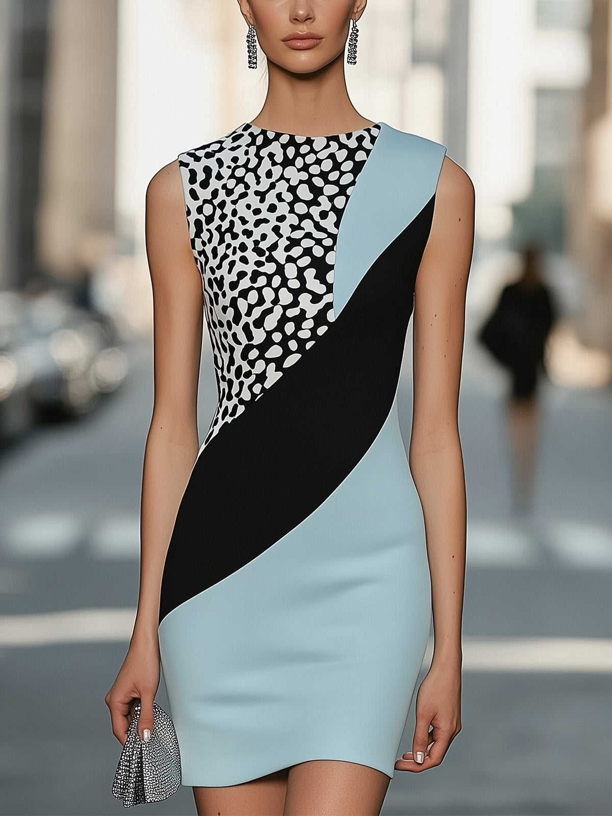 Elegant Satin Dress With Leopard Print And Color Block Design