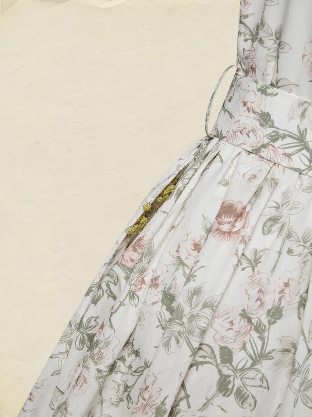 Midi Cotton Dress, Cap Sleeves, Round Neck, Floral, Belt Design, Vintage, Apricot