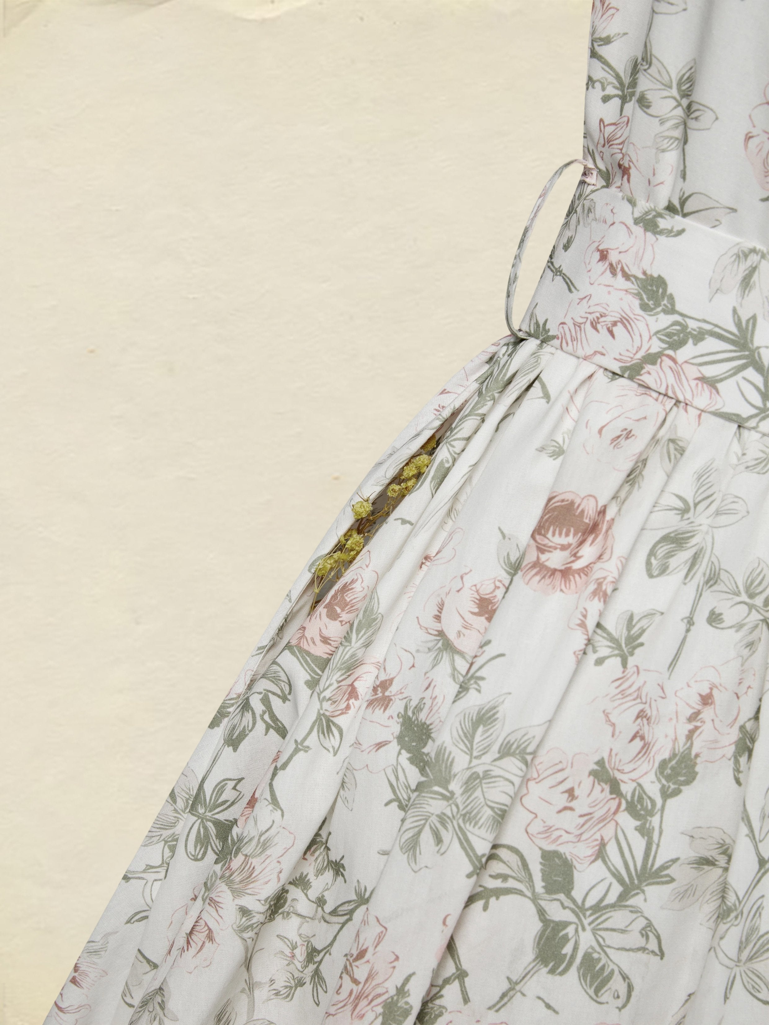 Midi Cotton Dress, Cap Sleeves, Round Neck, Floral, Belt Design, Vintage, Apricot