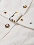 Midi Linen Dress, Short Sleeves, Shawl Collar, Plain, Button Design, French Vintage, White