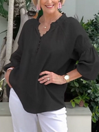Casual V-neck Solid Color Cotton and Linen Long-sleeved Top