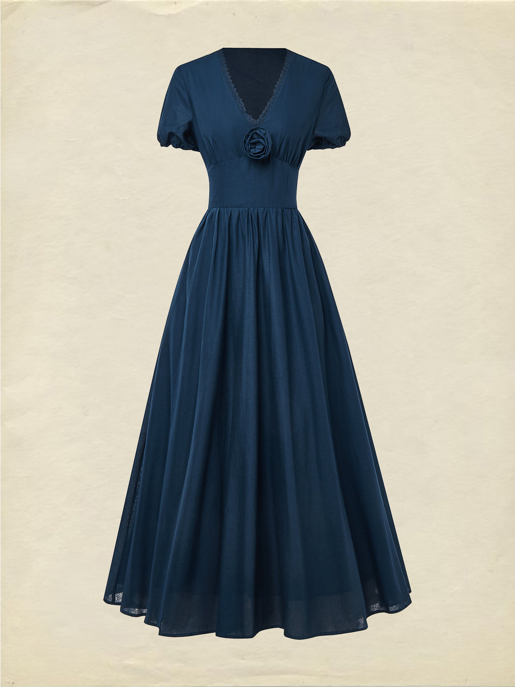 Maxi Linen Dress , Short Sleeves, V Neck, Plain, Lace, Vintage, Blue