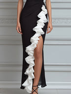 Black And White One-Shoulder Ruffle Evening Maxi Dress