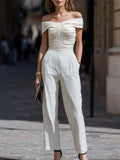 Off-Shoulder Ruched Top And High-Waisted Straight-Leg Pants Set