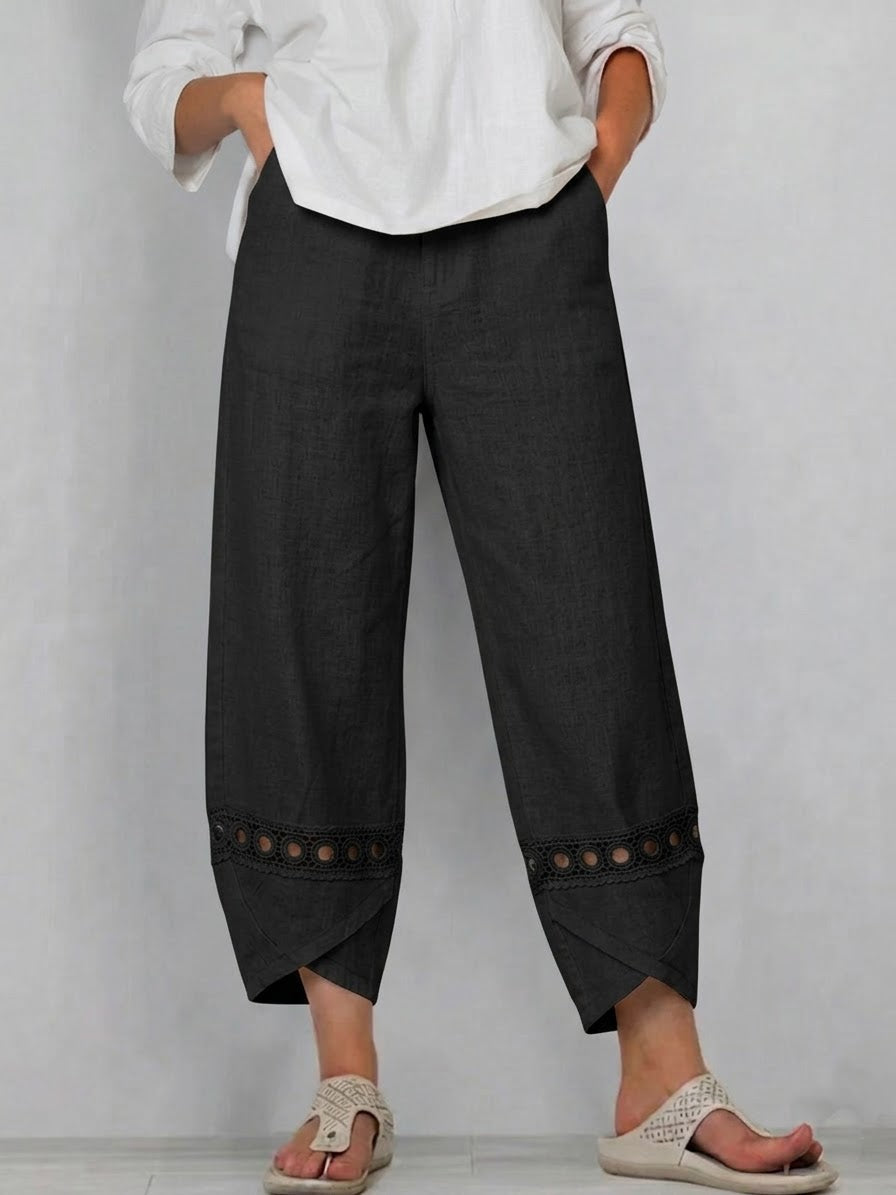 Casual Patchwork Linen And Cotton Trousers With Openwork Webbing