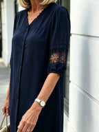 Navy Blue Lace Spliced Midi Dress, V Neck 3/4 Sleeve Loose Tummy Concealing Slimming Casual Dress for Mature Women