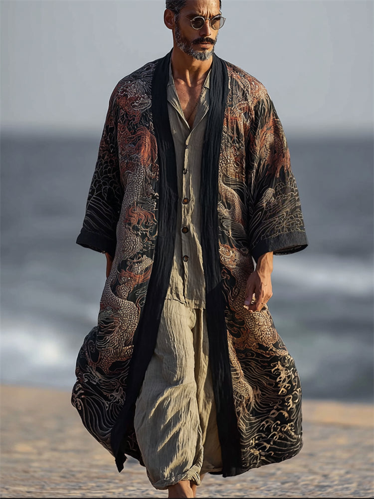 Men's Japanese Dragons Sea Waves Linen Long Kimono