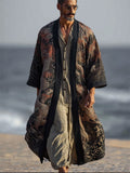 Men's Japanese Dragons Sea Waves Linen Long Kimono