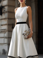 Contrast Waist Leopard Hem A-Line Midi Dress