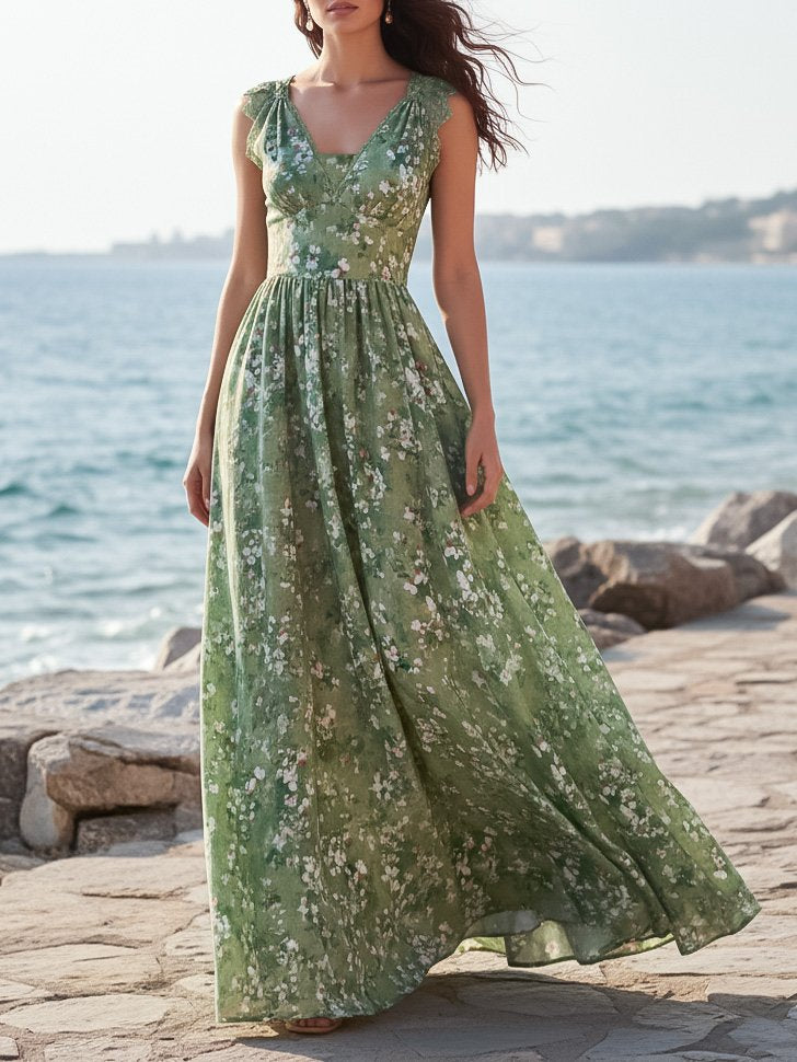 Maxi Linen Dress, Sleeveless, V Neck, Floral, Lace, Vacation, Vintage, Green