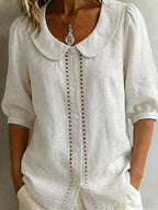 Women's Solid-color Peter Pan Collar 3/4-sleeve Casual Loose Cotton-linen Shirt