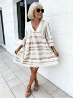 Lace Cuff Dress Deep V Cotton and Linen Breathable Dress