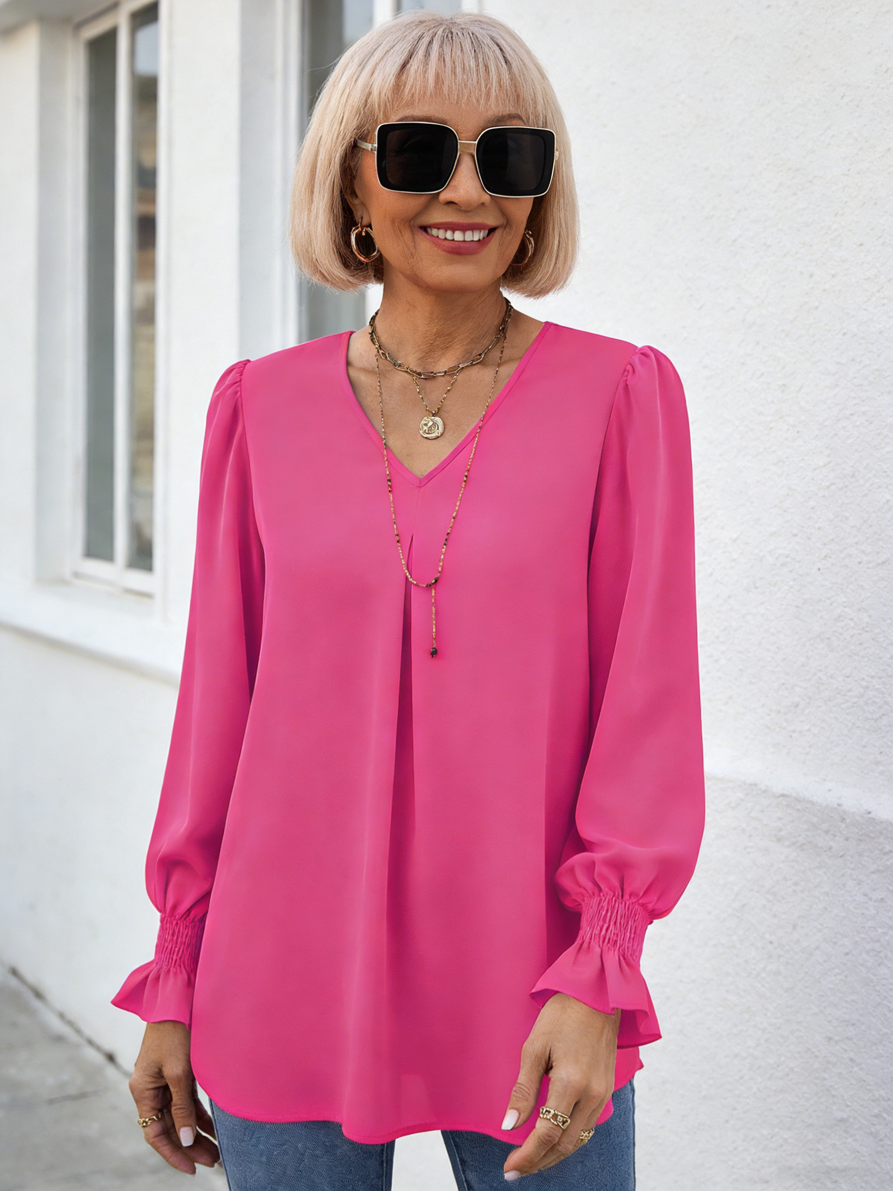Solid Color Chiffon Shirt V-neck Pullover Horn Long-sleeved Top Shirt