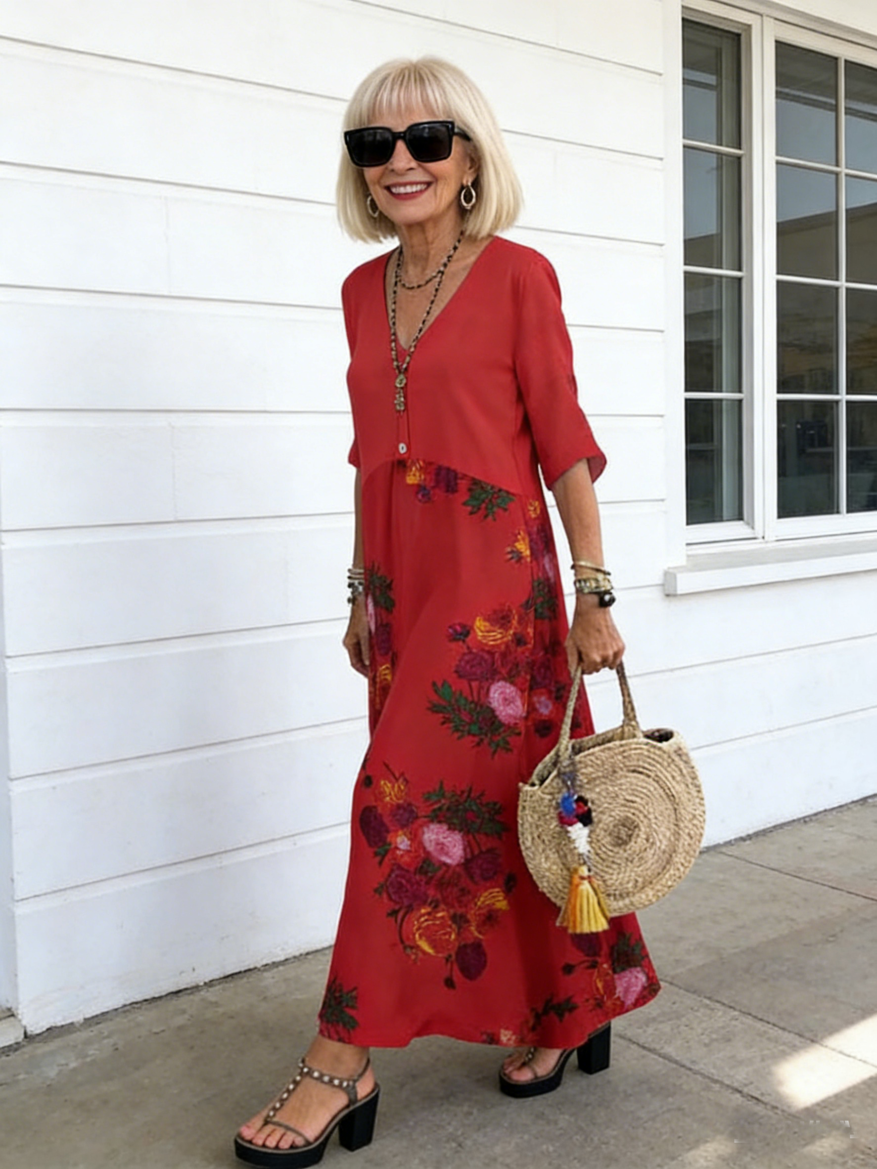 V-Neck Short Sleeve Printed Long Dress Button Casual Dress