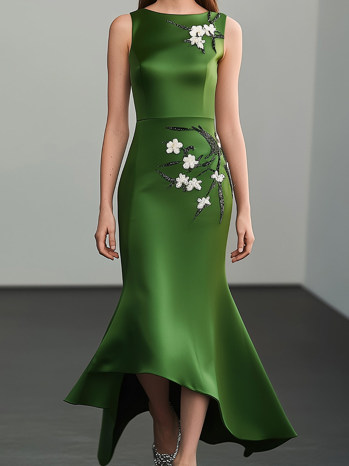 Sleek Green Satin Dress with Embellished Side Detail